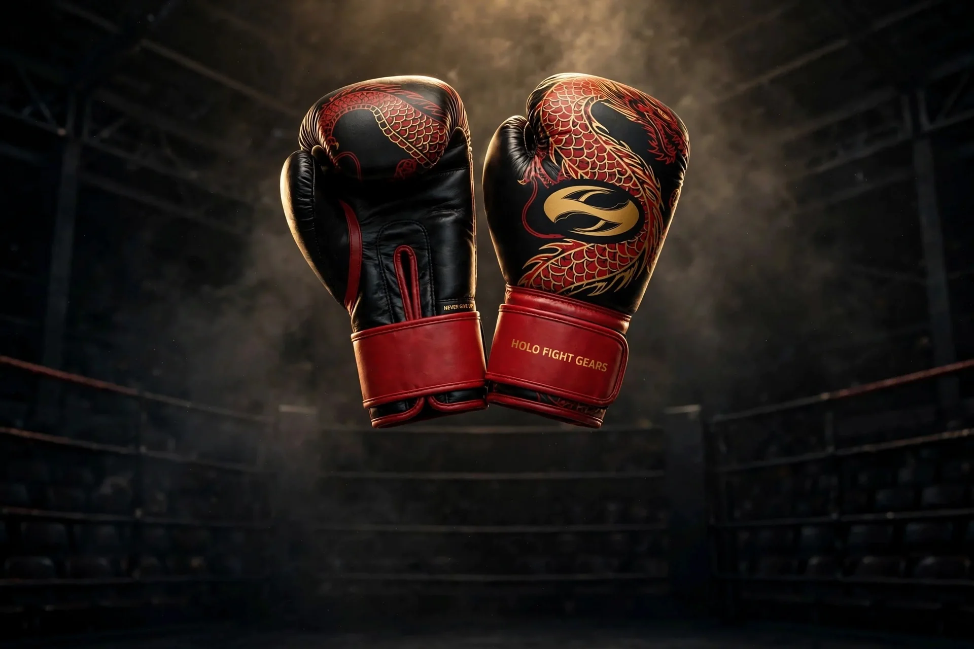 Black and red Dragon design Holo boxing gloves with gold logo in a dark boxing arena