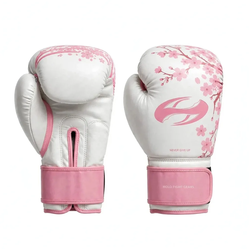 Sakura custom boxing gloves in white and pink with cherry blossoms