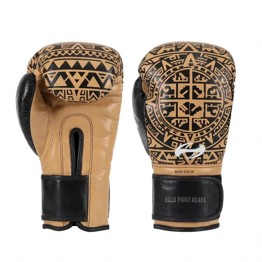 Aztec custom boxing gloves in tan with a tribal pattern