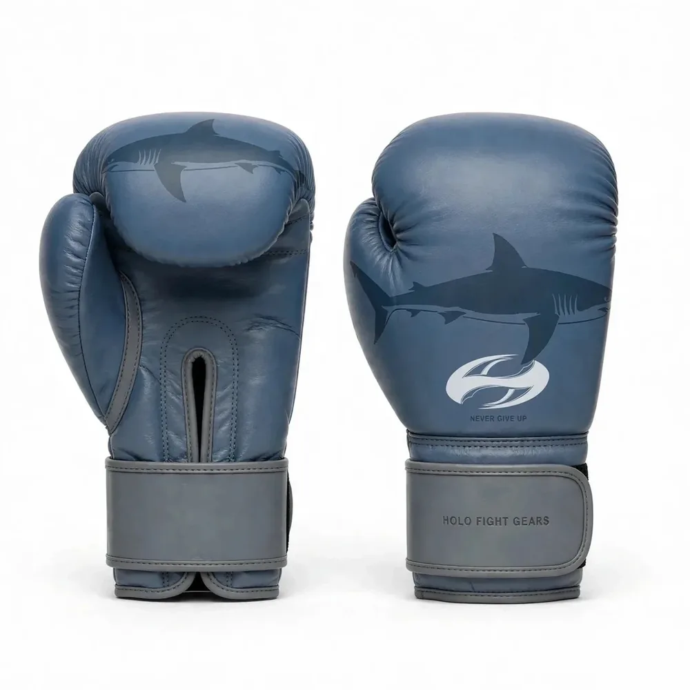 Shark custom boxing gloves in blue and grey