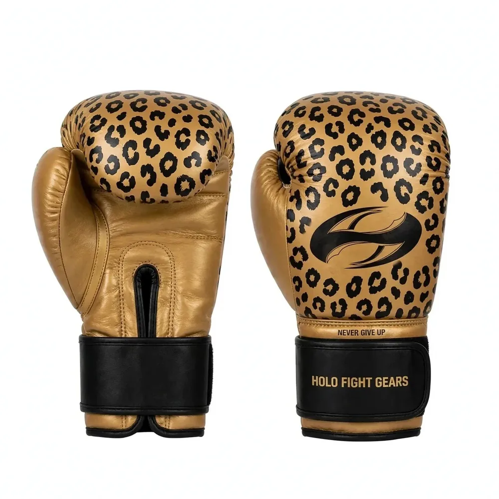 Leopard custom boxing gloves with gold leopard print