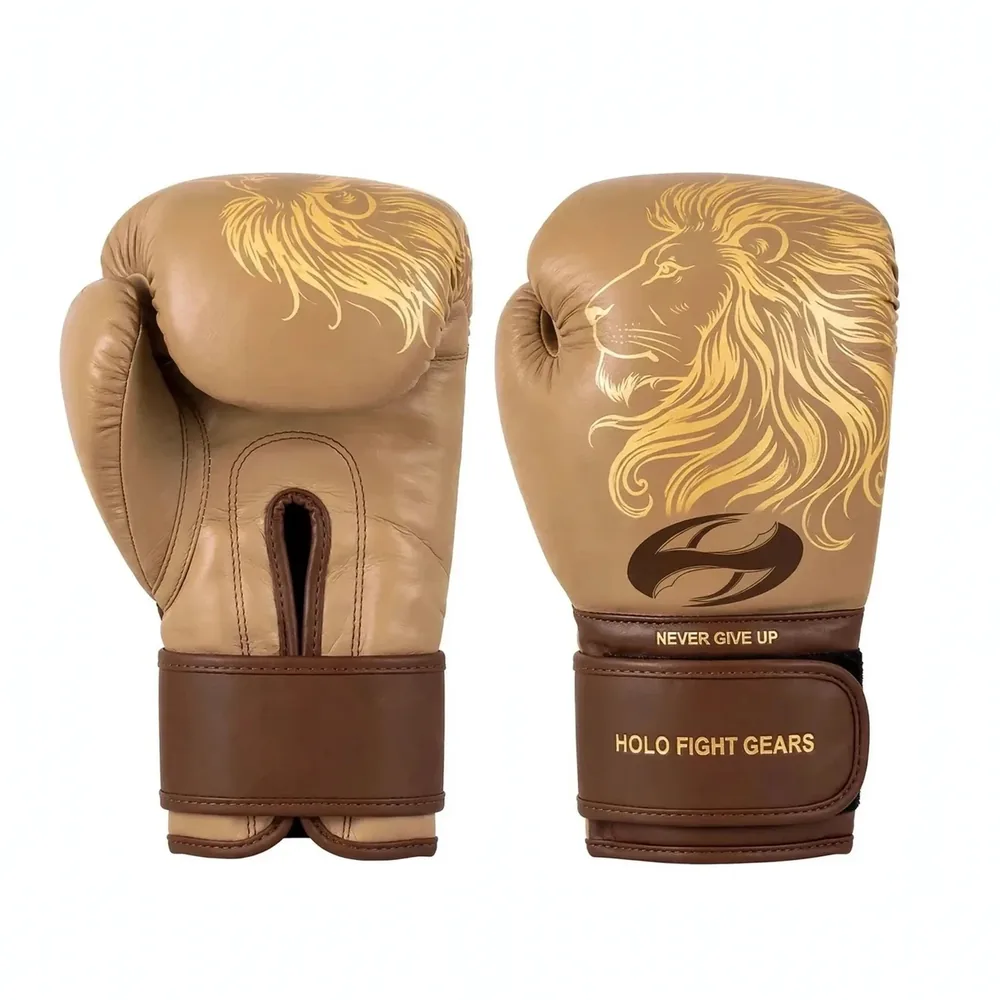 Lion custom boxing gloves in tan and gold