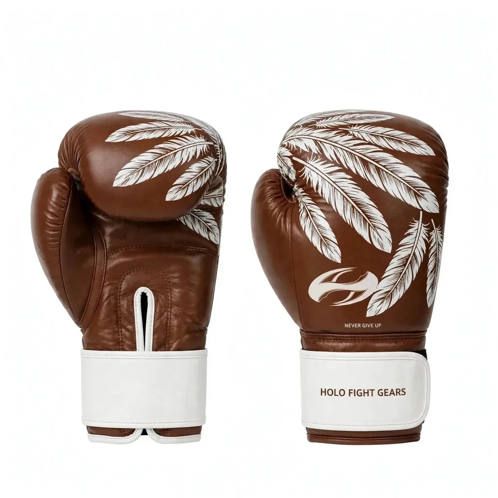 Feather custom boxing gloves in brown with white feathers