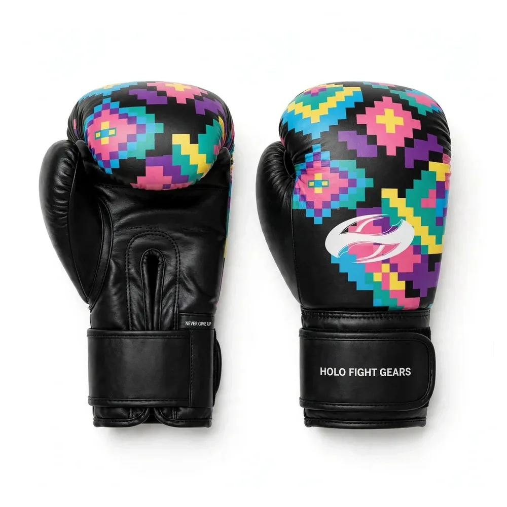 Pixel custom boxing gloves in black with a colorful pixel pattern