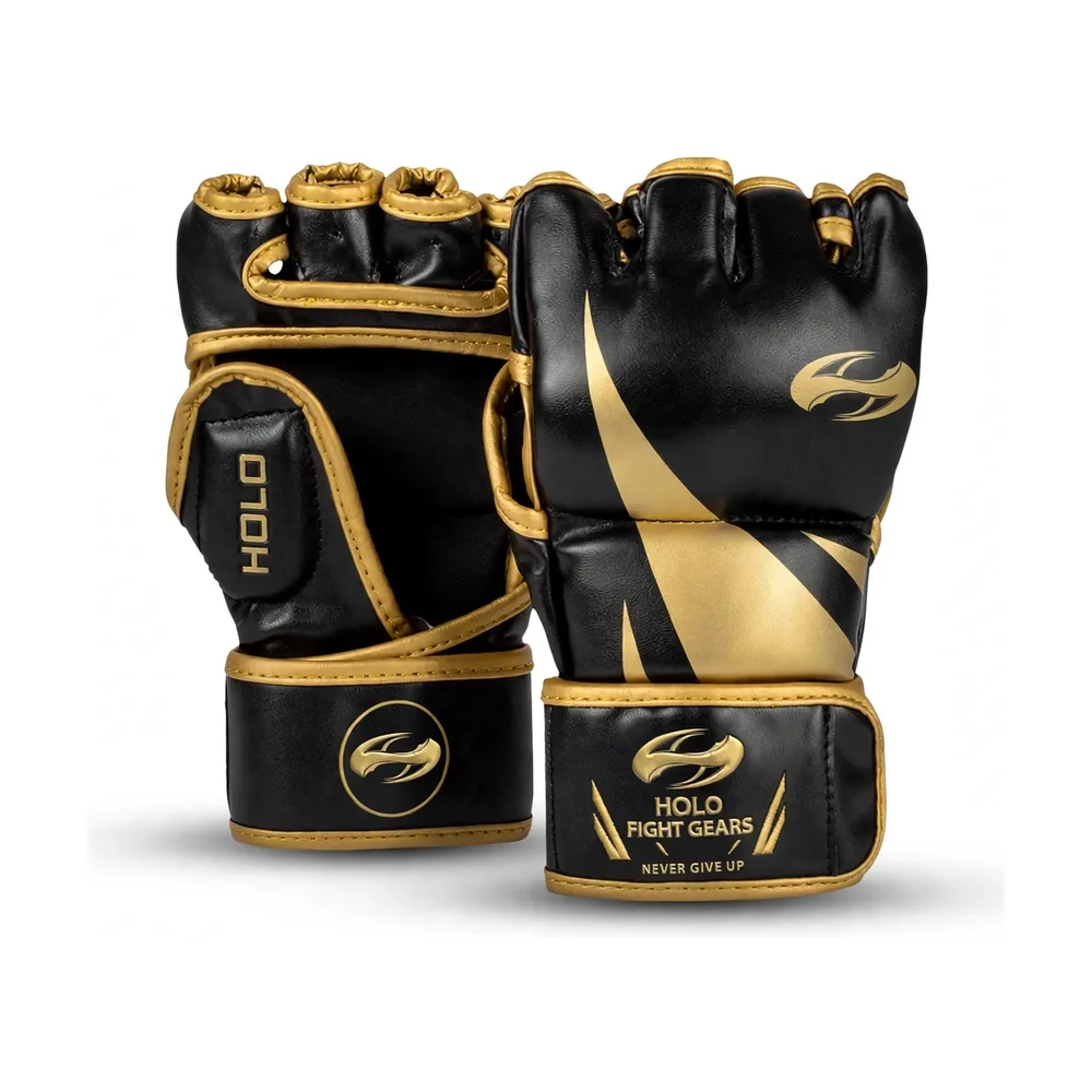 Black Holo Fight Gears professional MMA gloves with printed back panel design, pair