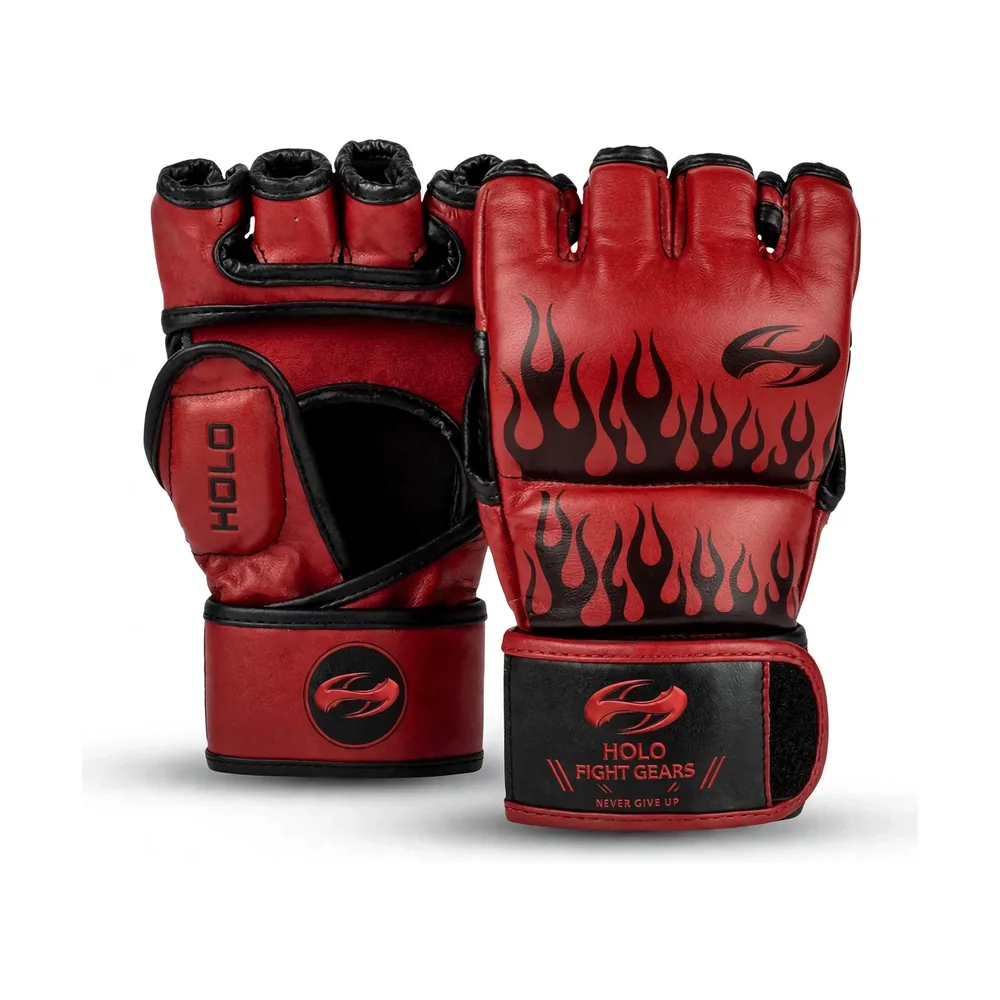 Red Holo Fight Gears professional MMA gloves with printed back panel design, pair