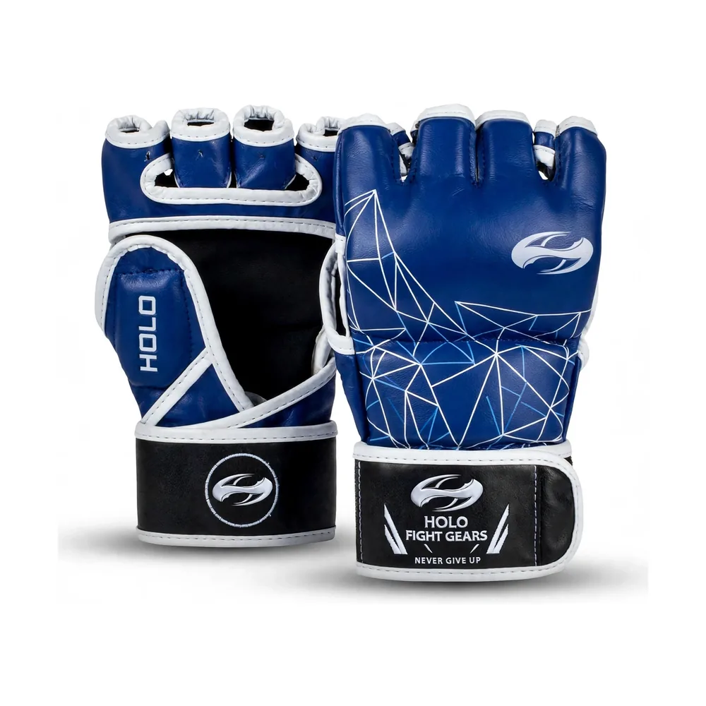 Blue Holo Fight Gears professional MMA gloves with printed back panel design, pair