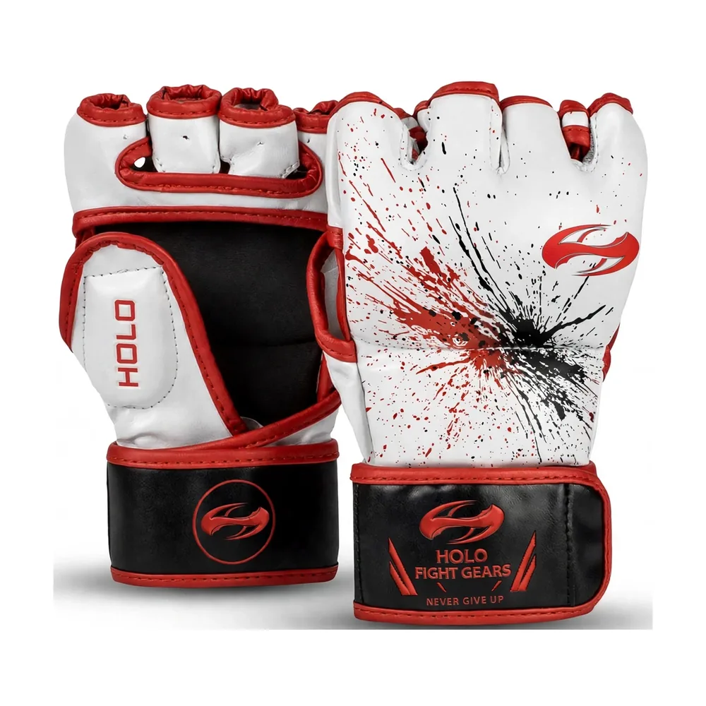 White Holo Fight Gears professional MMA gloves with printed back panel design, pair
