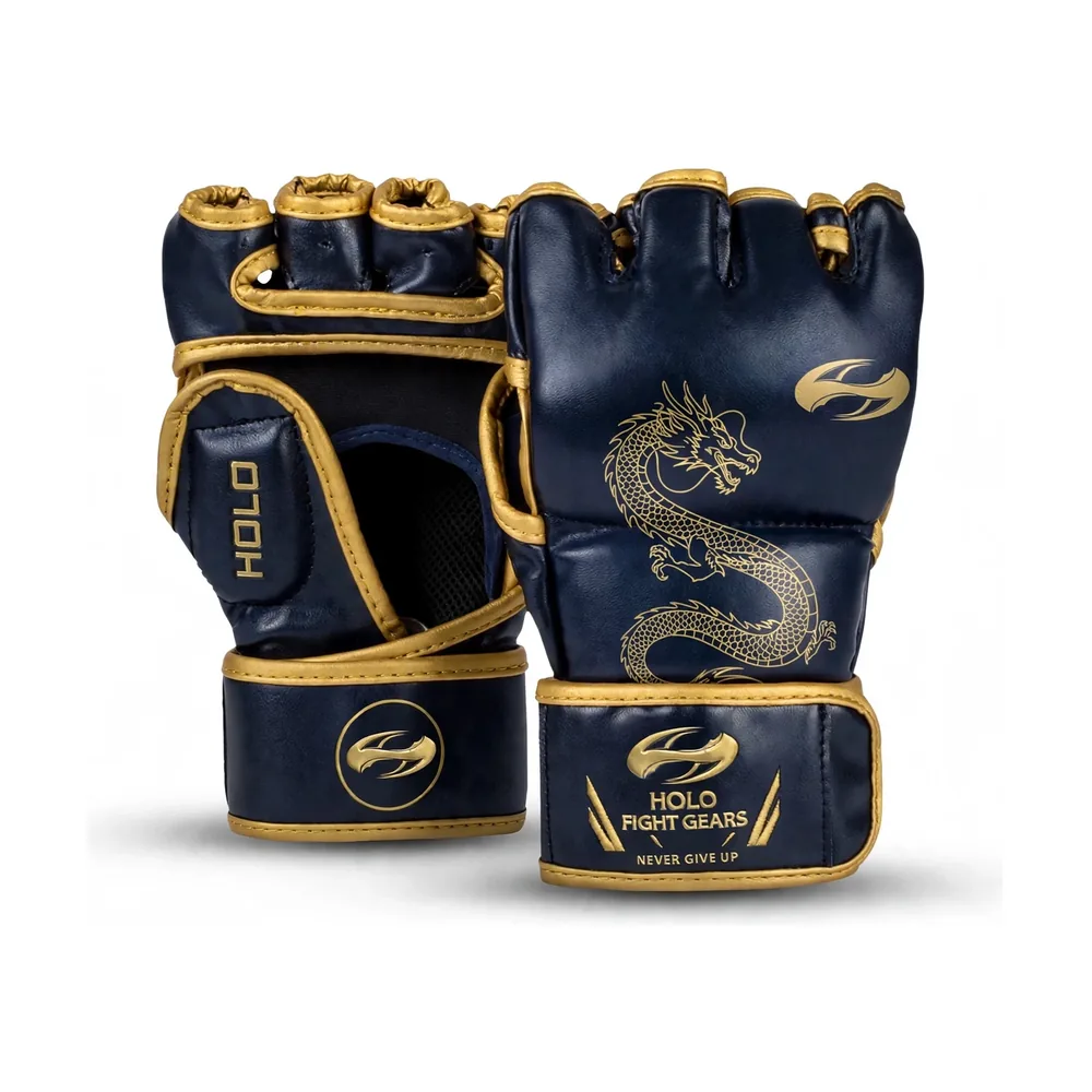 Navy Holo Fight Gears professional MMA gloves with printed back panel design, pair