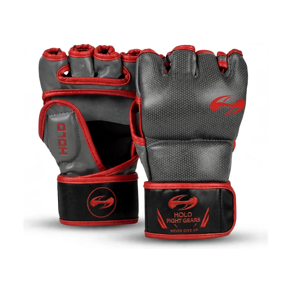 Grey Holo Fight Gears professional MMA gloves with printed back panel design, pair
