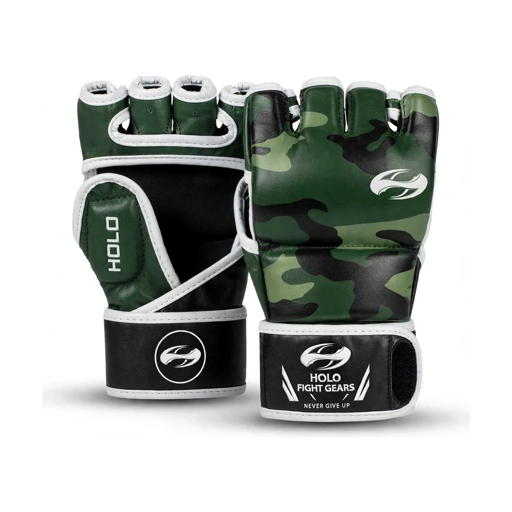 Green Holo Fight Gears professional MMA gloves with printed back panel design, pair