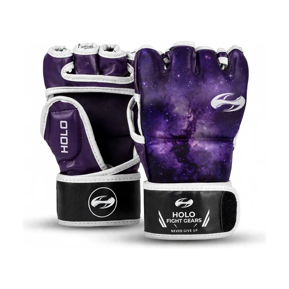 Purple Holo Fight Gears professional MMA gloves with printed back panel design, pair