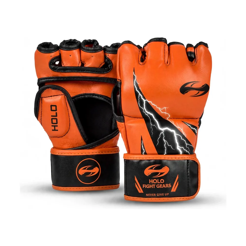 Orange Holo Fight Gears professional MMA gloves with printed back panel design, pair