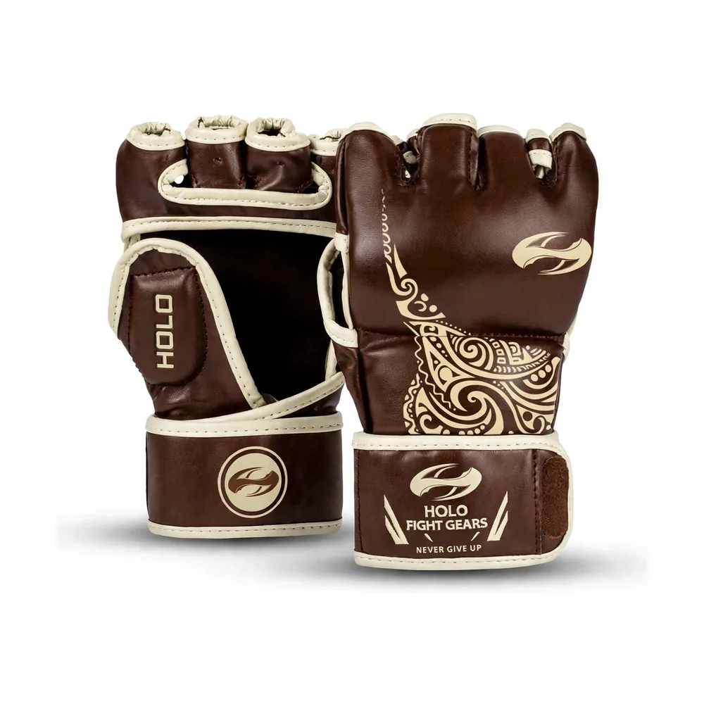 Brown Holo Fight Gears professional MMA gloves with printed back panel design, pair