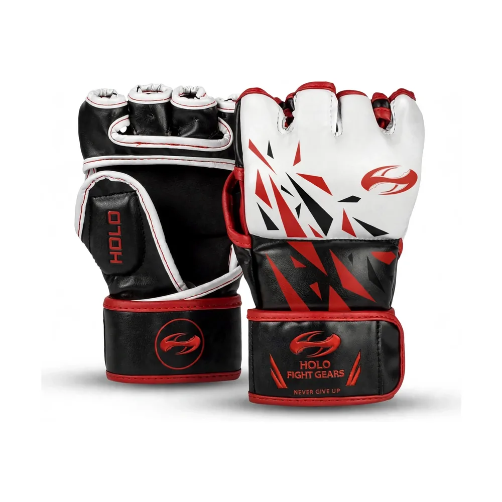 Black & White Holo Fight Gears professional MMA gloves with printed back panel design, pair