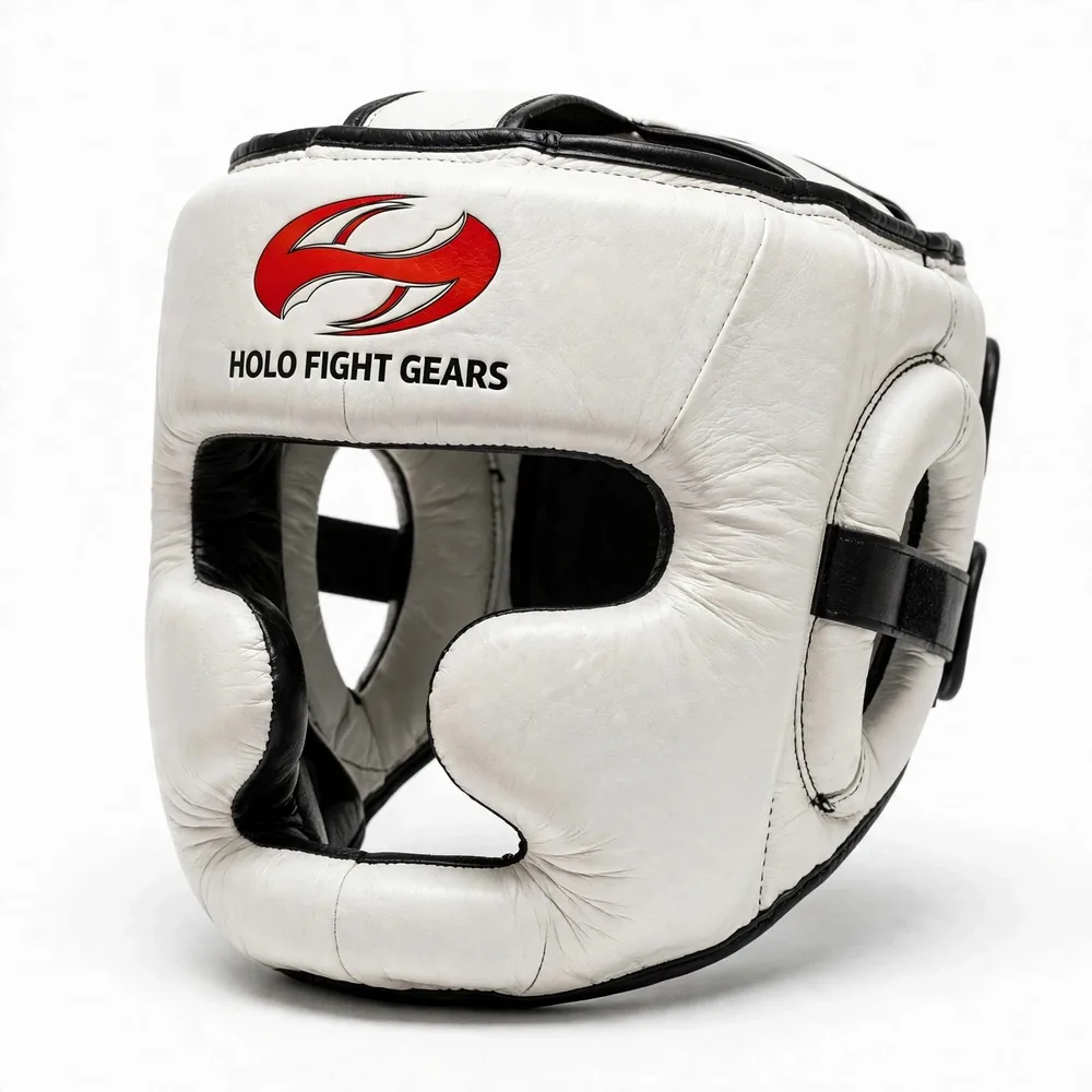 White Holo Fight Gears head guard with black trim
