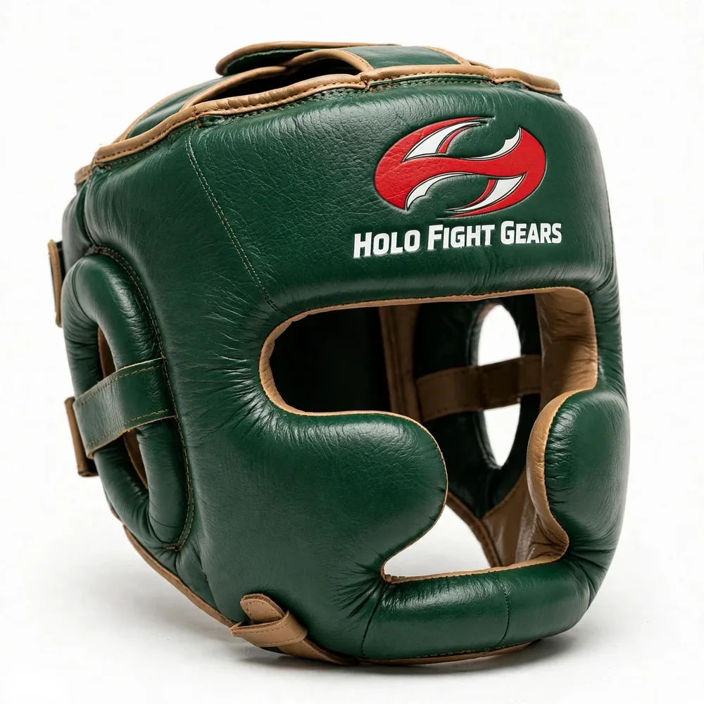 Dark green Holo Fight Gears head guard with tan trim