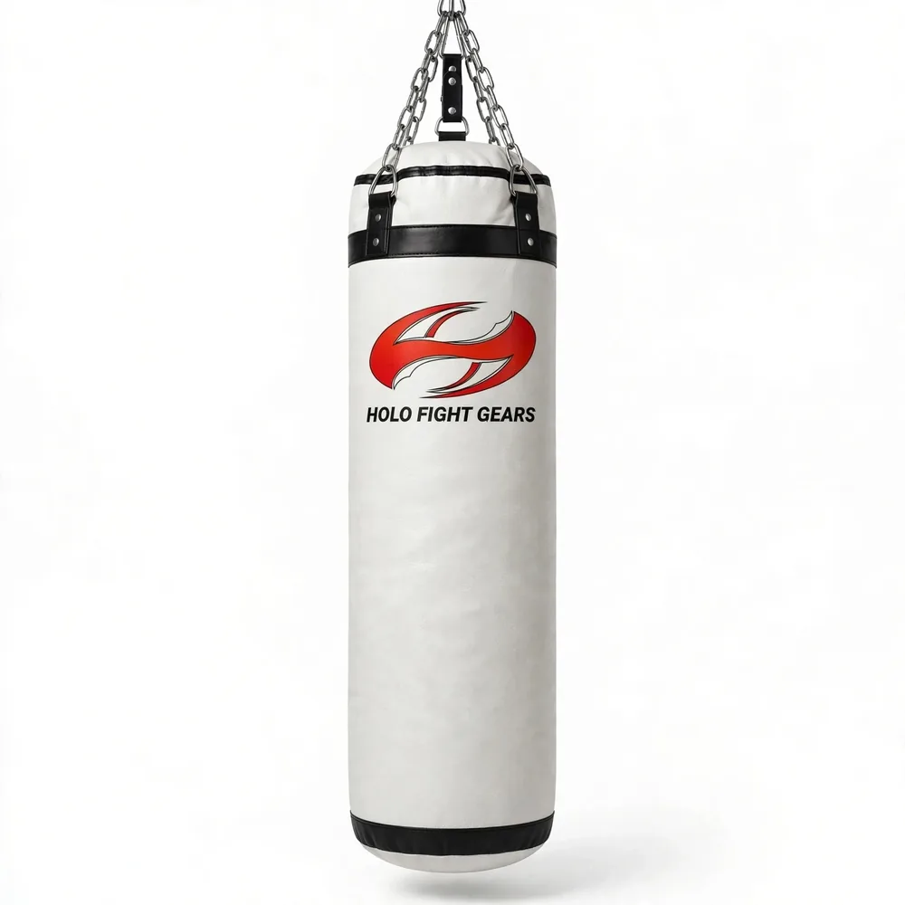 White Holo Fight Gears punching bag with black trim