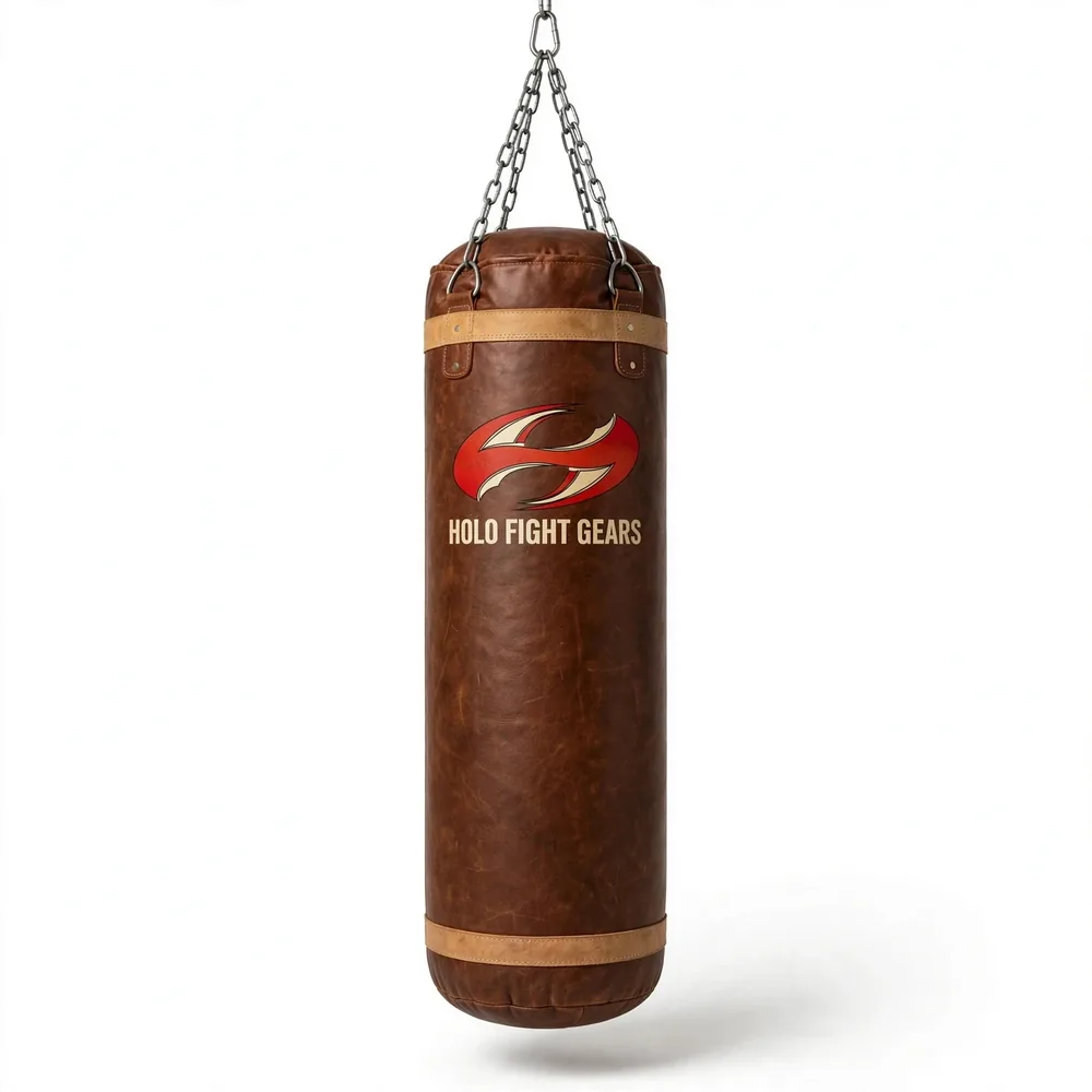 Vintage brown Holo Fight Gears punching bag with tan trim
