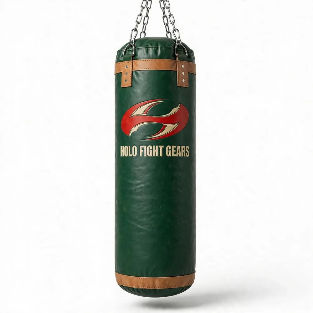 Dark green Holo Fight Gears punching bag with tan trim