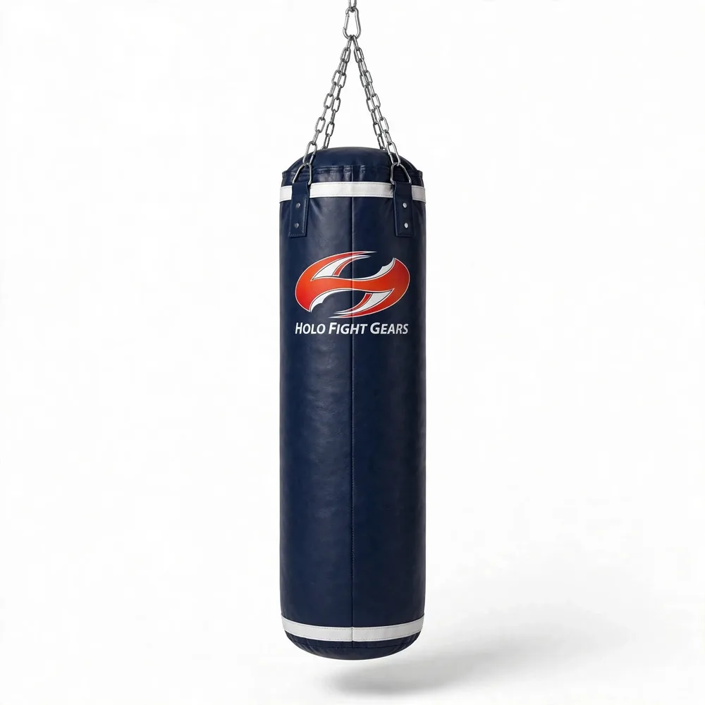 Navy blue Holo Fight Gears punching bag with white trim