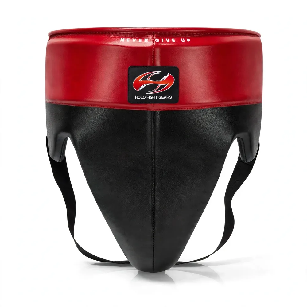 Red and black Holo Fight Gears leather groin guard