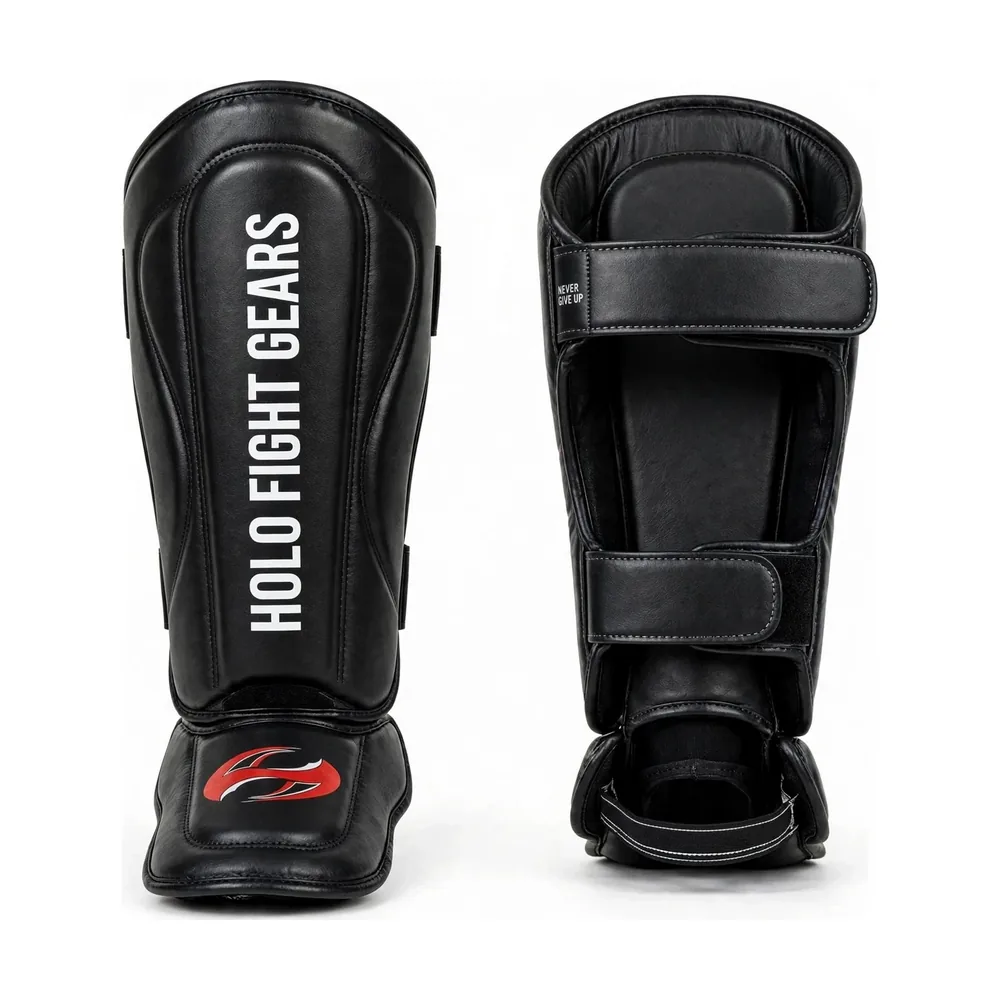 Black Holo Fight Gears shin guards, front and back view