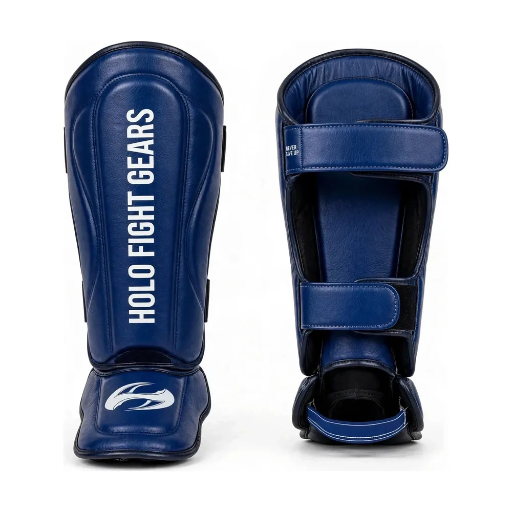 Blue Holo Fight Gears shin guards, front and back view