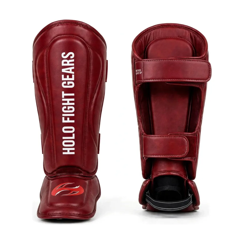 Red Holo Fight Gears shin guards, front and back view