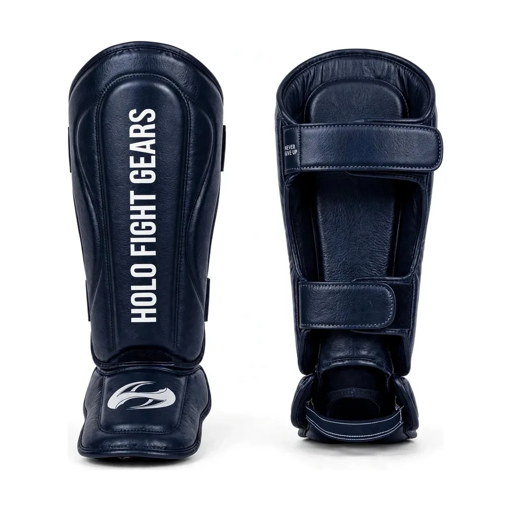 Navy blue Holo Fight Gears shin guards, front and back view