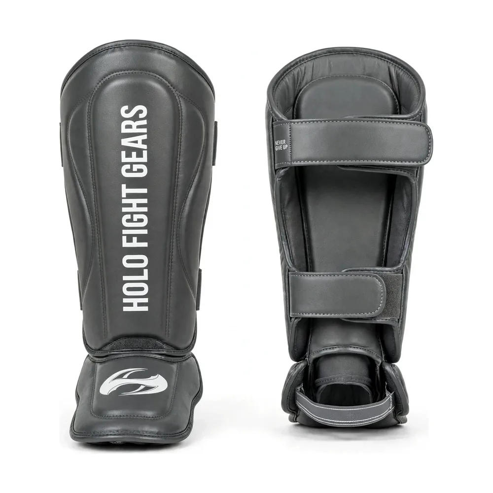 Grey Holo Fight Gears shin guards, front and back view