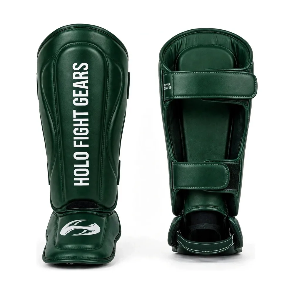 Green Holo Fight Gears shin guards, front and back view