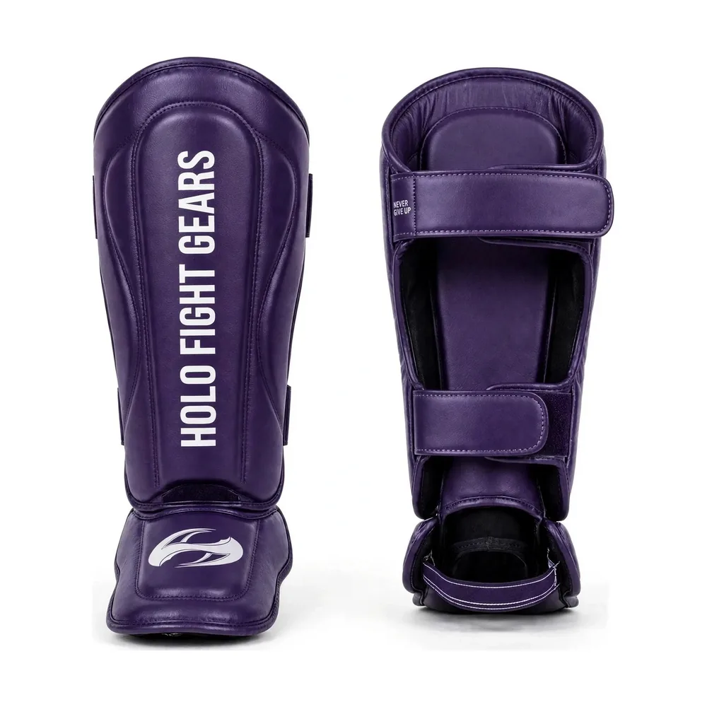 Purple Holo Fight Gears shin guards, front and back view