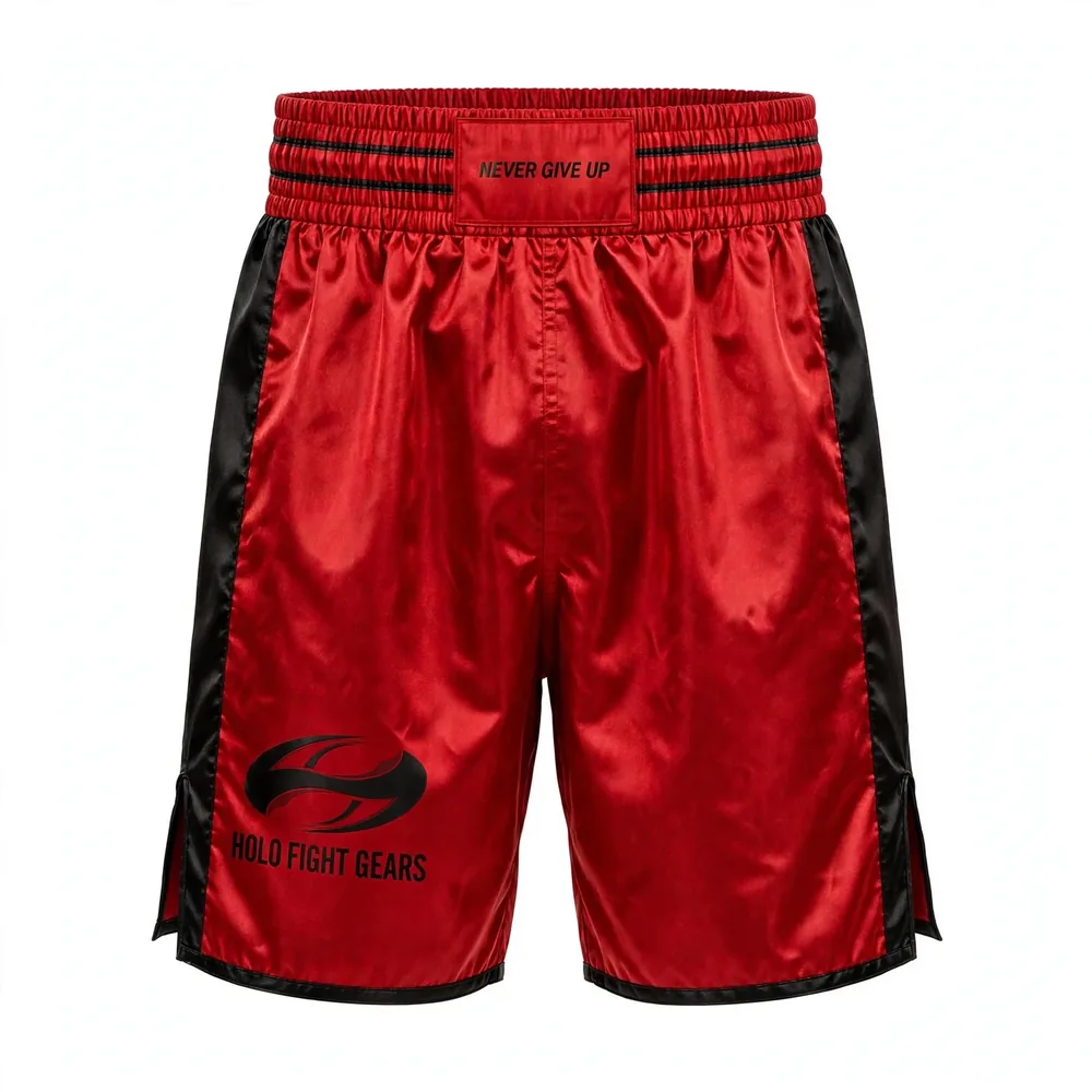 Red Holo Fight Gears boxing shorts, front view