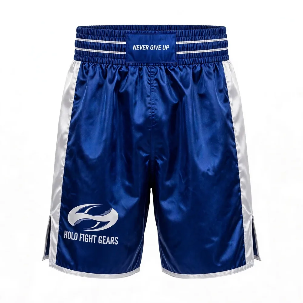 Blue Holo Fight Gears boxing shorts, front view