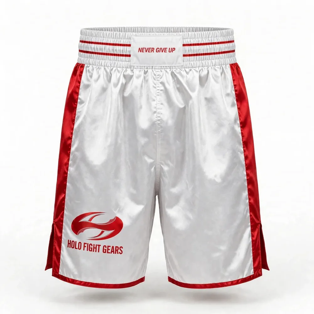 White Holo Fight Gears boxing shorts, front view