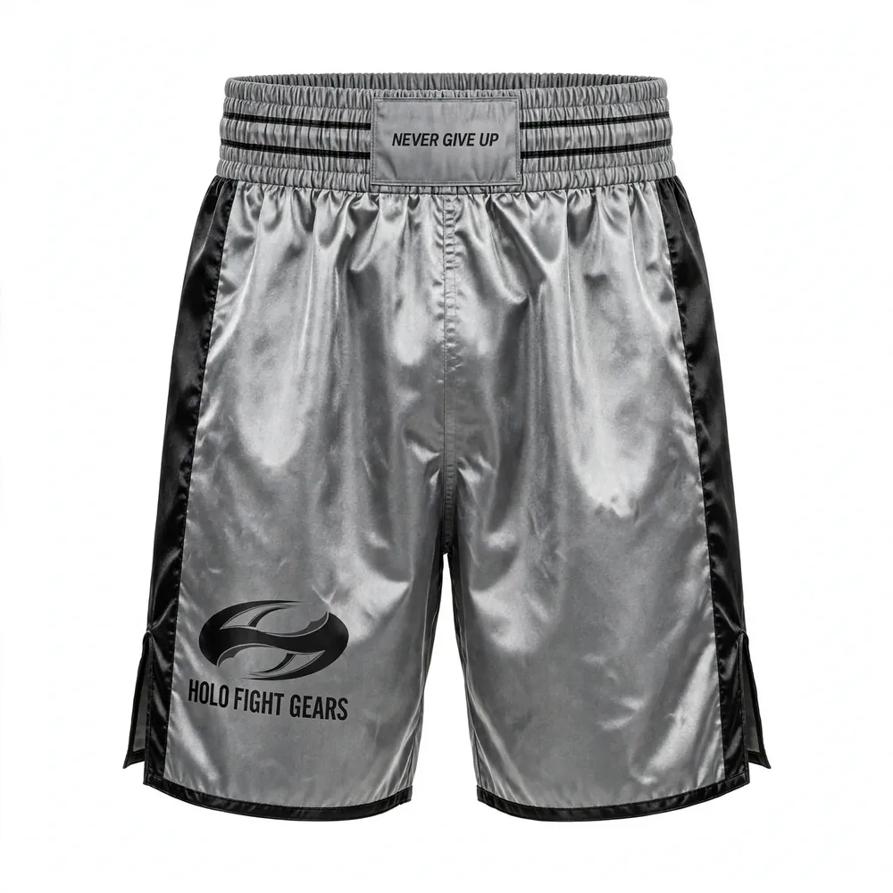 Grey Holo Fight Gears boxing shorts, front view