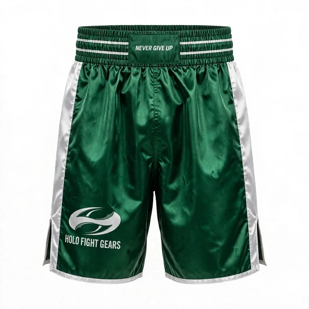 Green Holo Fight Gears boxing shorts, front view