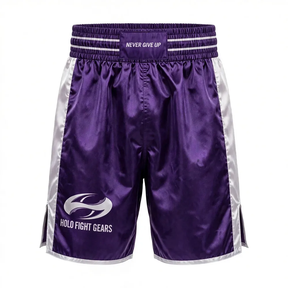 Purple Holo Fight Gears boxing shorts, front view