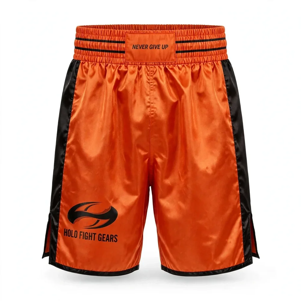 Orange Holo Fight Gears boxing shorts, front view