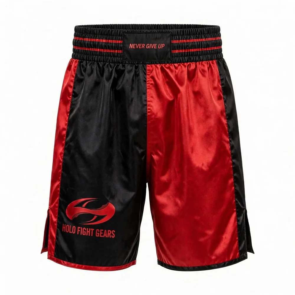 Black and red two-tone Holo Fight Gears boxing shorts, front view
