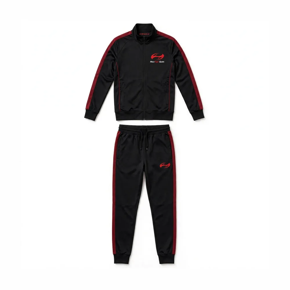 Black Holo Fight Gears tracksuit set, jacket and pants front view