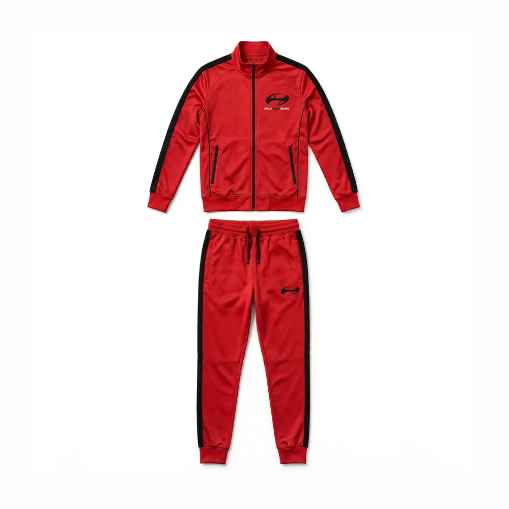 Red Holo Fight Gears tracksuit set, jacket and pants front view