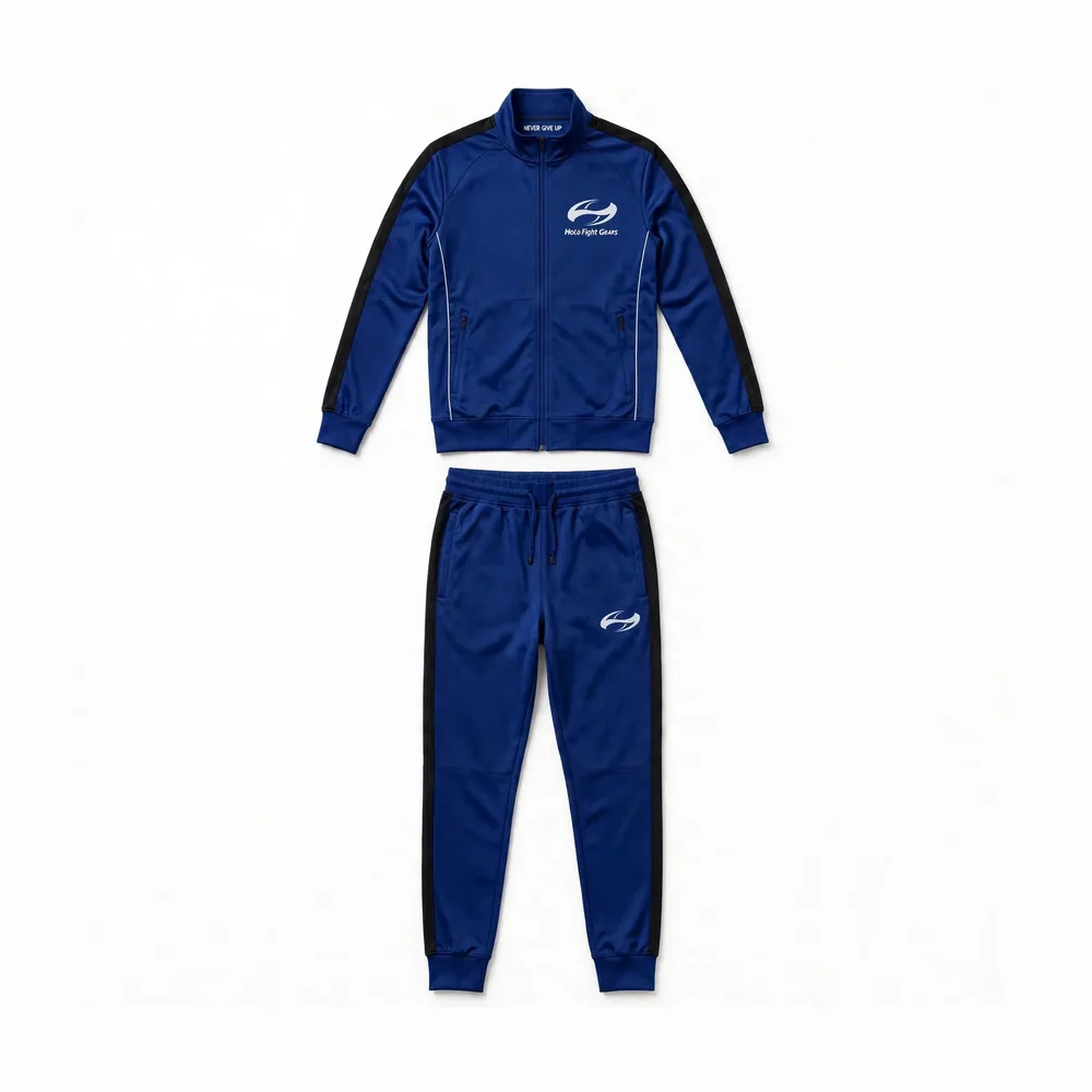 Blue Holo Fight Gears tracksuit set, jacket and pants front view