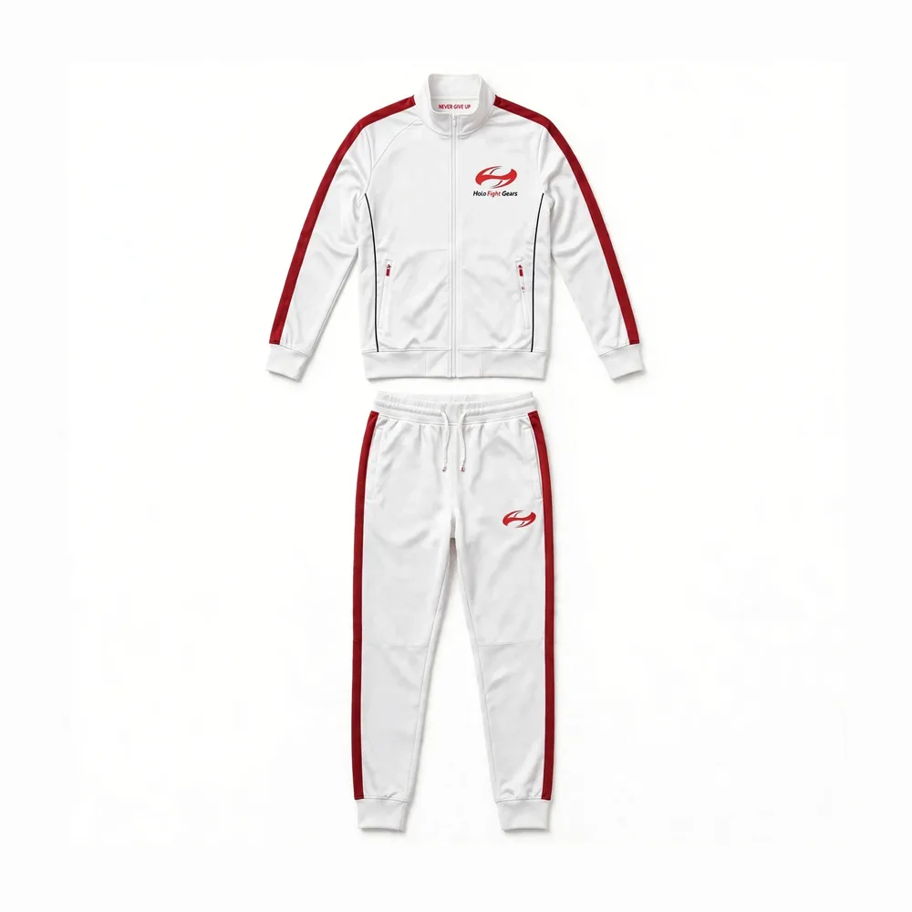 White Holo Fight Gears tracksuit set, jacket and pants front view