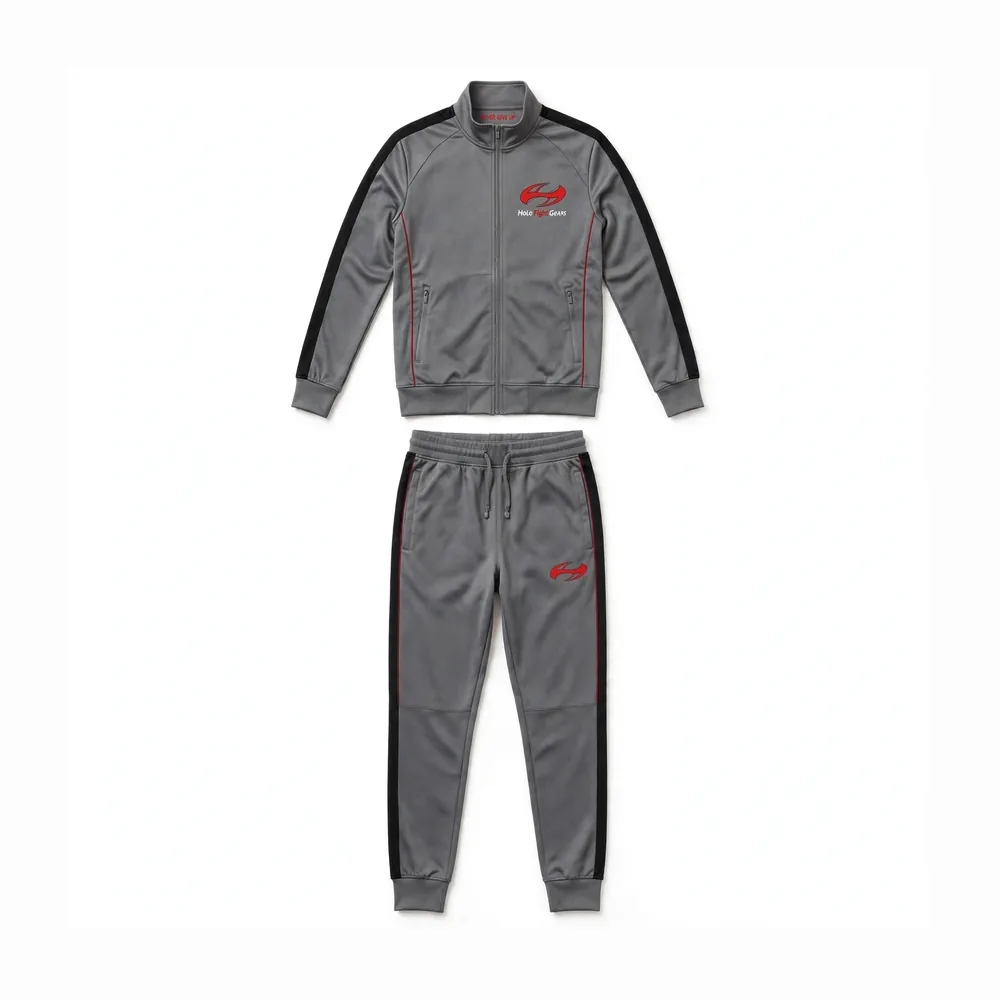 Grey Holo Fight Gears tracksuit set, jacket and pants front view