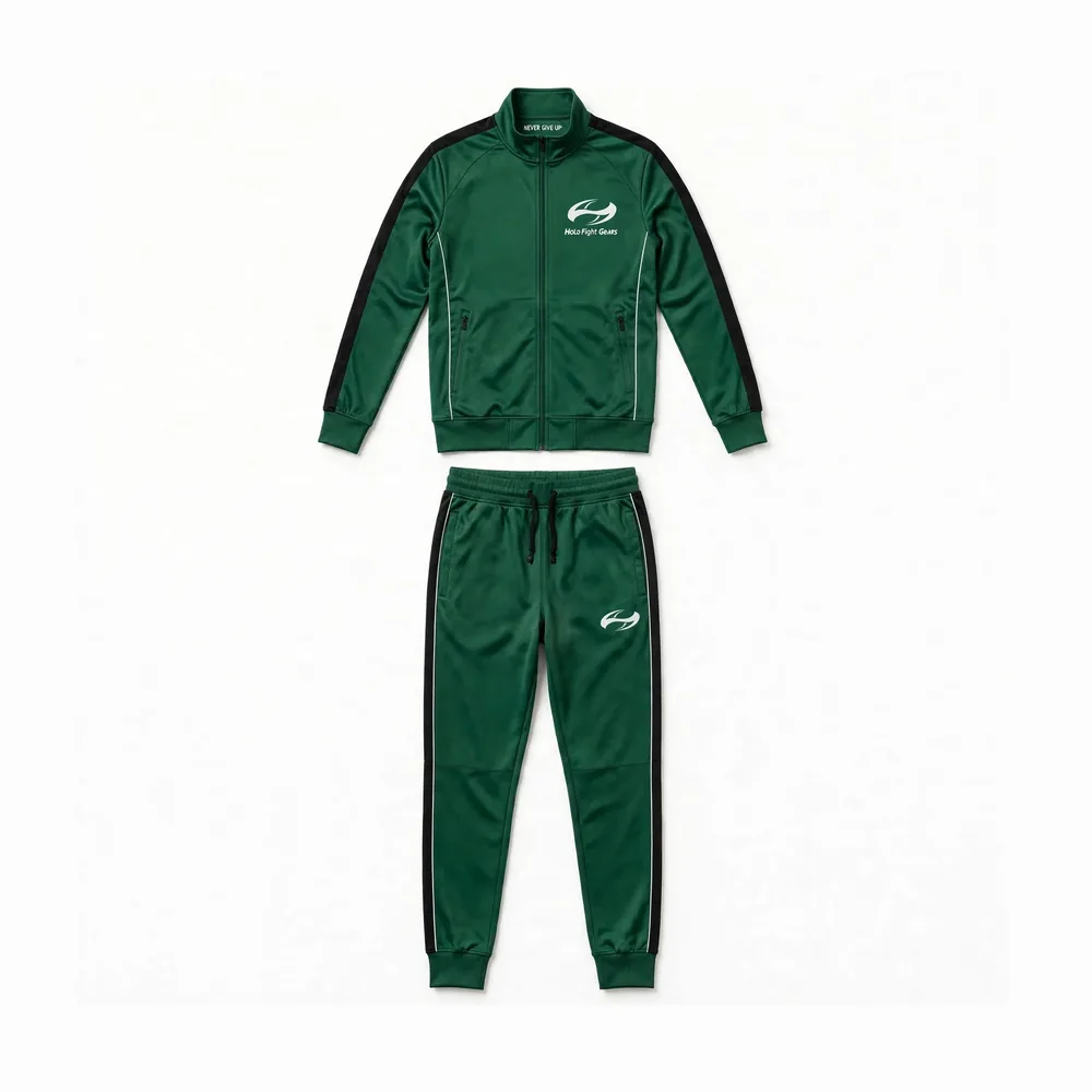 Green Holo Fight Gears tracksuit set, jacket and pants front view