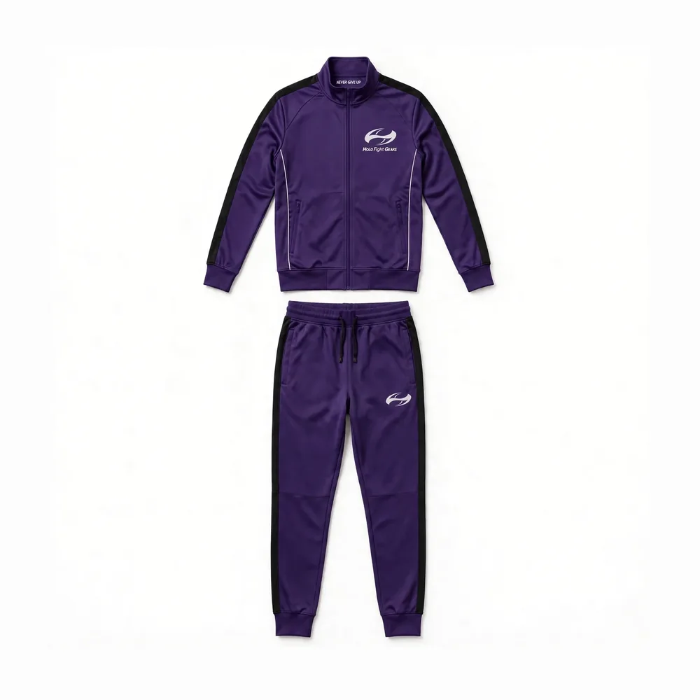 Purple Holo Fight Gears tracksuit set, jacket and pants front view
