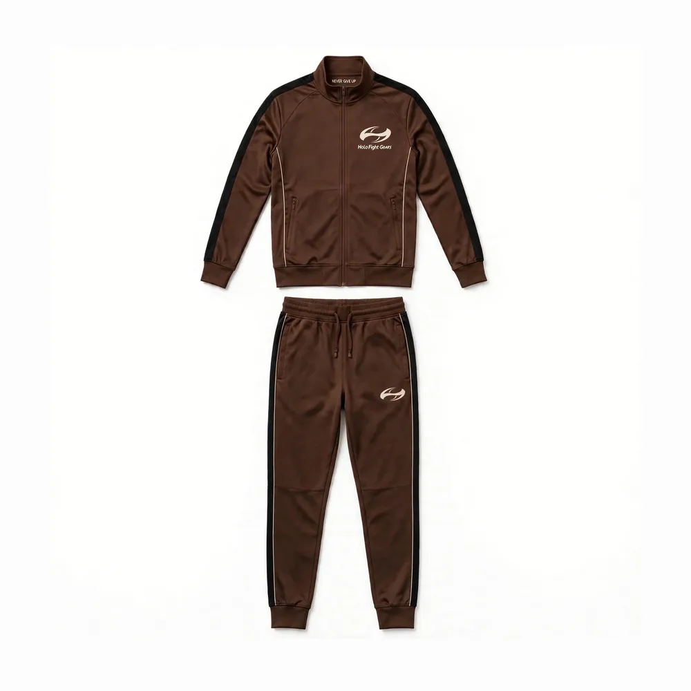 Brown Holo Fight Gears tracksuit set, jacket and pants front view