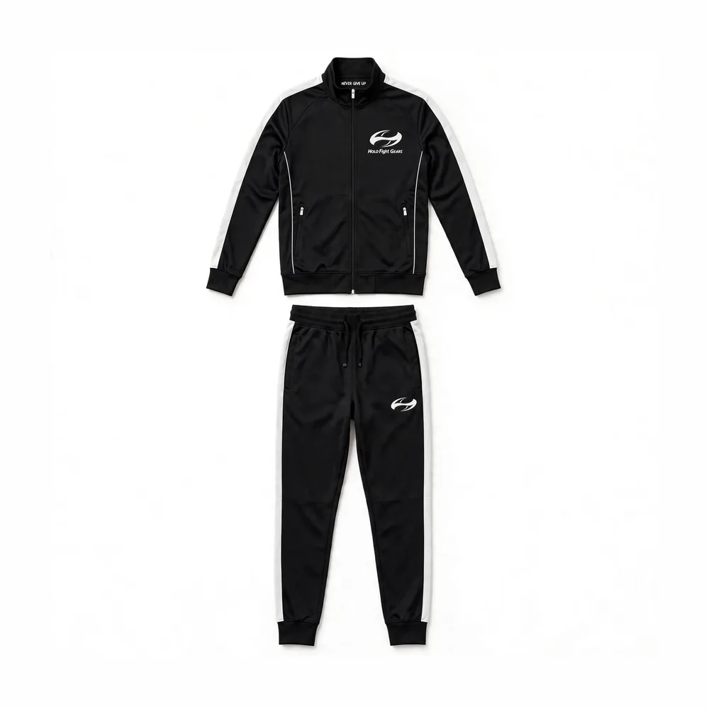 Black and white Holo Fight Gears tracksuit set, jacket and pants front view